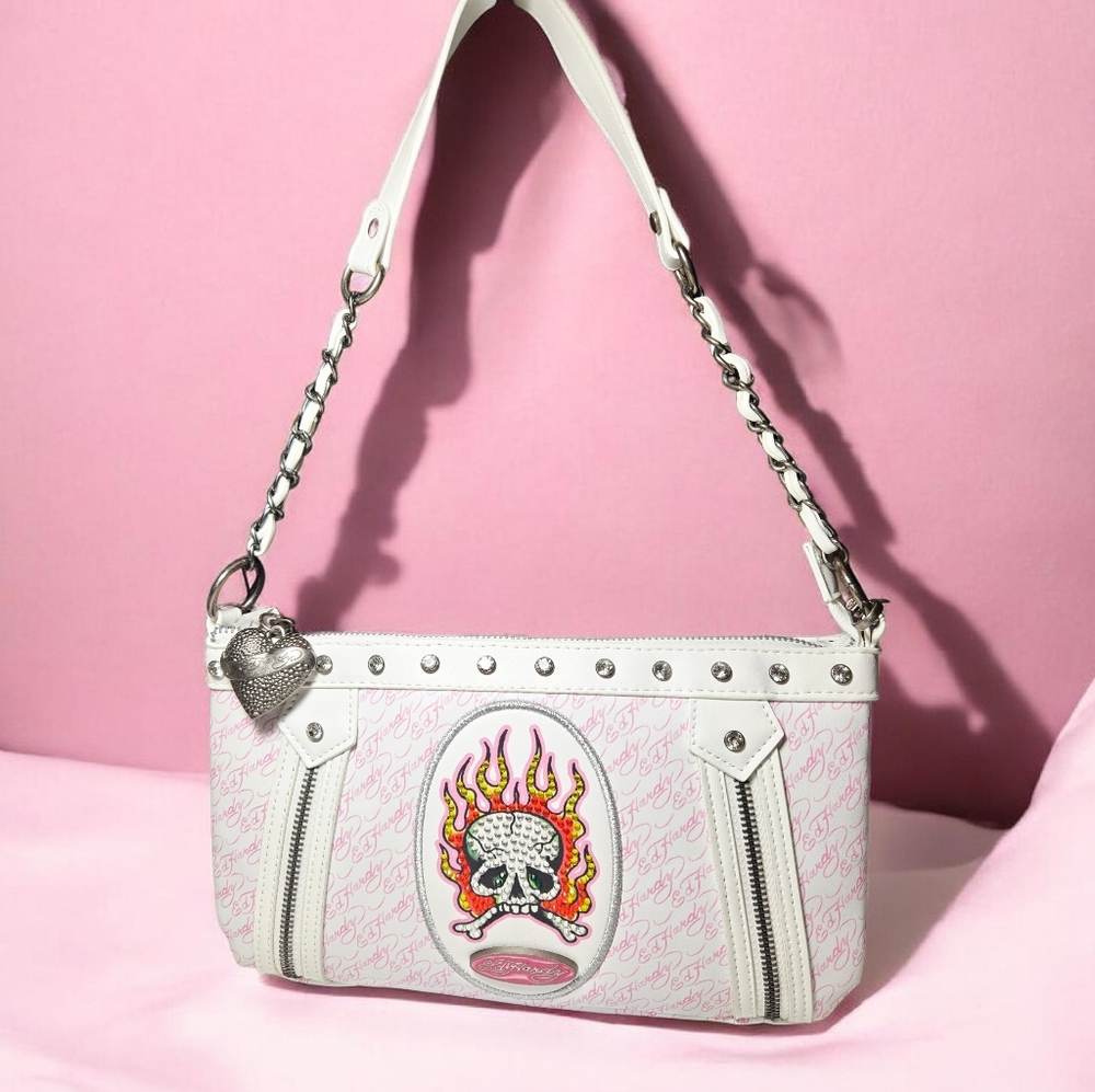 NEW Ed Hardy White Women's  Skull On Fire & Rhinestones Shoulder Bag 11"x7x2 NWT